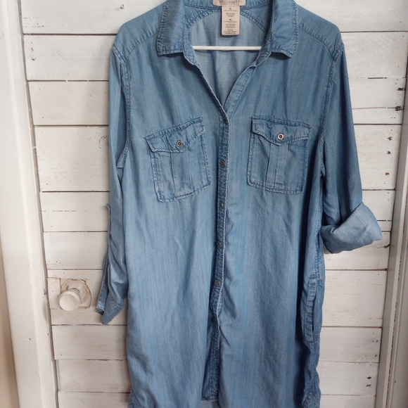 Philosophy Women's Size XL Blue Denim Long Shirt Dress Roll Tab Sleeve Pockets - Picture 6 of 15
